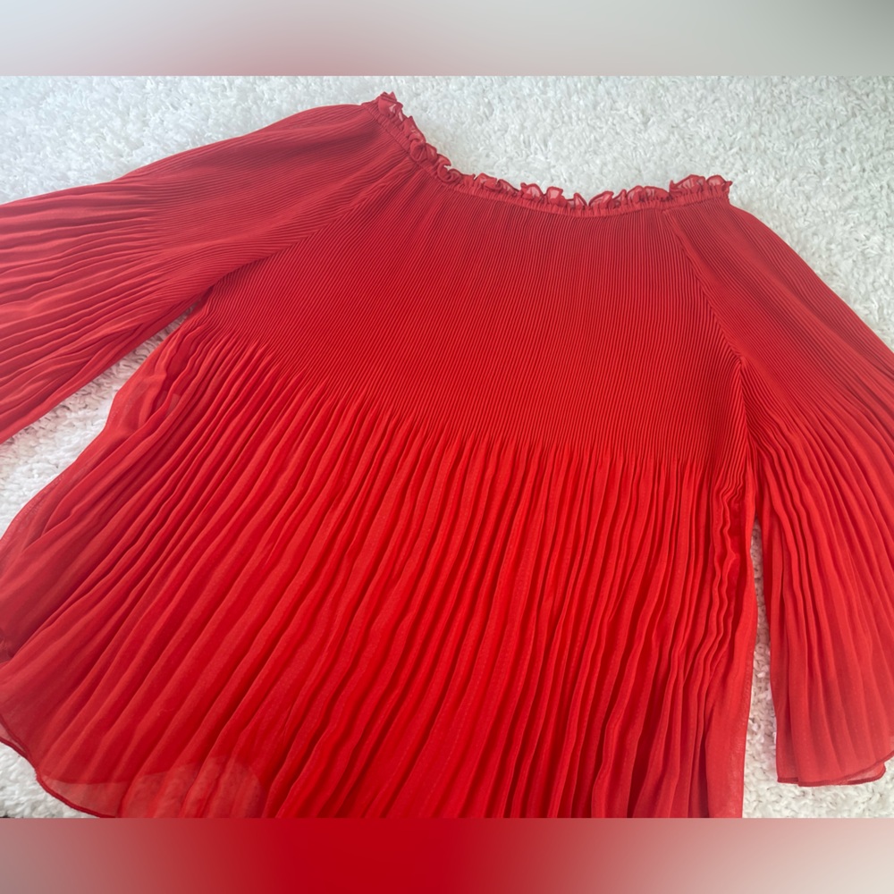 ZARA Woman Red Pleated Off-Shoulder “Flowy” Blouse with 3/4 sleeves Size XS - Picture 11 of 17